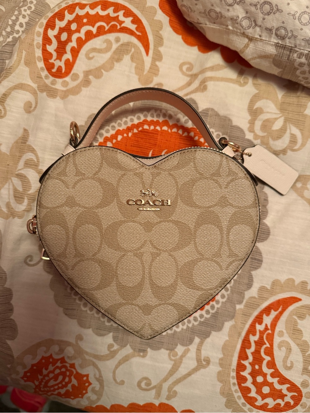 Coach Beige Signature Heart Mini Bag with Gold Hardware
